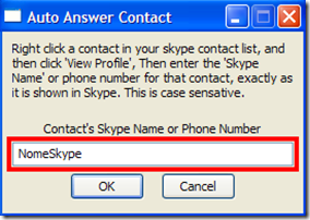 Finestra Auto Answer Contact di Skype AutoAnswer per aggiungere contatto Skype alla risposta automatica
