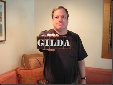 CONELRAD's Bill Geerhart holds the 'Gilda' stencil