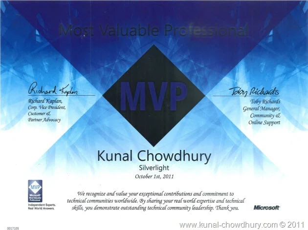 Microsoft MVP Certificate (Kunal Chowdhury, Silverlight)