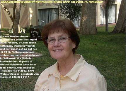 Niebuhr Ingrid Anna 71 murdered Wakkerstroom Feb 8 2012 family Brisbane Queensland Australia