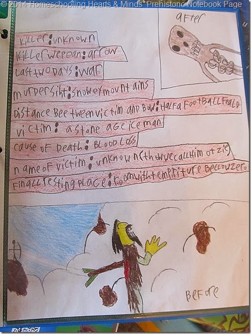 Peter's notebook  page on Otzi the frozen mummy at Homeschooling Hearts & Minds