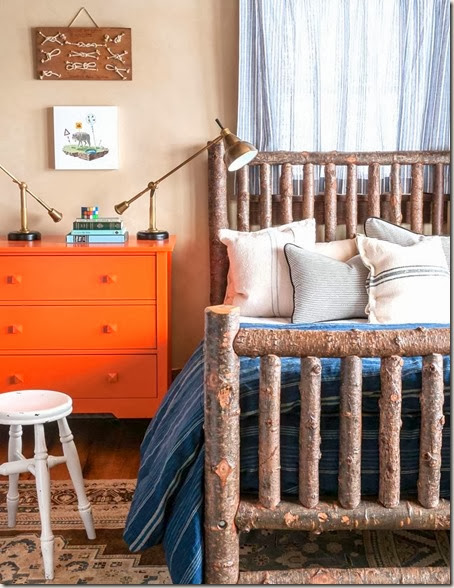cabin bedroom rustic log bed frame twig tree branch orange dresser turned wood stool cococozy audrey hall