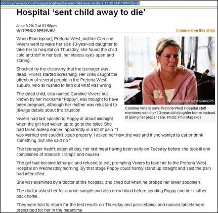 VIVIERS Caroline Poppy 13 hospital sent her child home to die with paracetamol died June7 2012.jpg NTHANDO MAKHUBU article