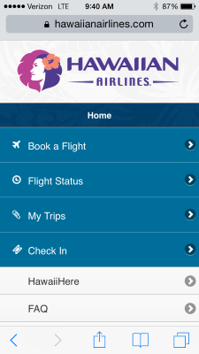 Screenshot of www.hawaiianairlines.com with iPhone