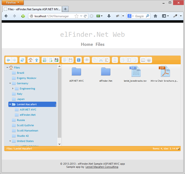 Figure 1 - elFinder.Net file manager UI styled with jQuery UI supporting any folder depth, file/folder upload/download, delete, rename, copy/cut/paste, preview, properties, drag and drop, etc.