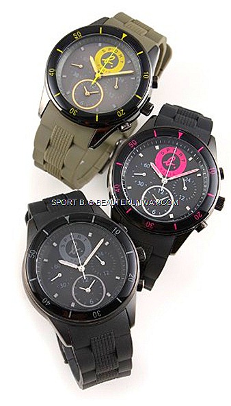 SPORT B WATCHES AGNES B FOR SPRING SUMMER 2012  COLLECTION logos in grey, shocking pink  yellow colours harmonize with the rubber watchstraps in steel band pattern.