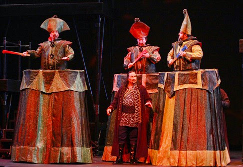 IN REVIEW: Gianluca Bocchino as Pang, Carl Tanner as Calàf, Joseph Hu as Pong, and Giovanni Guagliardo as Ping in Opera Carolina's 2015 production of Puccini's TURANDOT [Photo by jonsilla.com, © Opera Carolina]