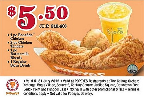 Popeyes offer S$5.50 Bonafide chicken meal 1 piece,  tenders 2 piece biscuit Sjora drink Popeyes Singapore flocation Orchard Xchange, Bugis Village, The Cathy, Square 2, Century Jubilee Square Bedok Point Downtown East Punggol
