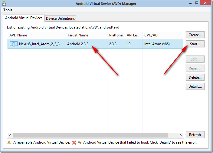 Eclipse android. Tools > Android > AVD Manager.
