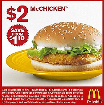 MCDONALDS $2 McCHICKEN BURGER Horlicks McFlurry dessert Egg McMuffin $1.50 SAUSAGE McMUFFIN $1 Cheeseburger beef SINGAPORE SALE no french fries drinks Print or Show coupon mobile enjoy offer 2012 august sale deal great singapore