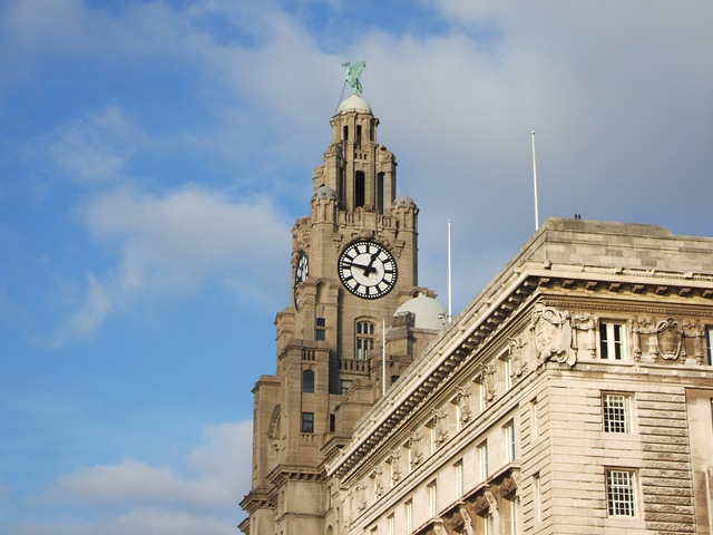 The Royal Liver Building as seen over the Cunard Building