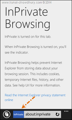 InPrivate browsing mode in Windows Phone 8.1 Internet Explorer 11 (www.kunal-chowdhury.com)