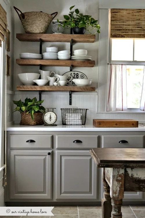 wood shelves in kitchen