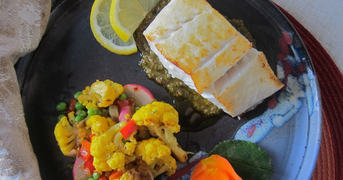Cuisine Ici Pan Seared Halibut over Orange Ginger Pesto