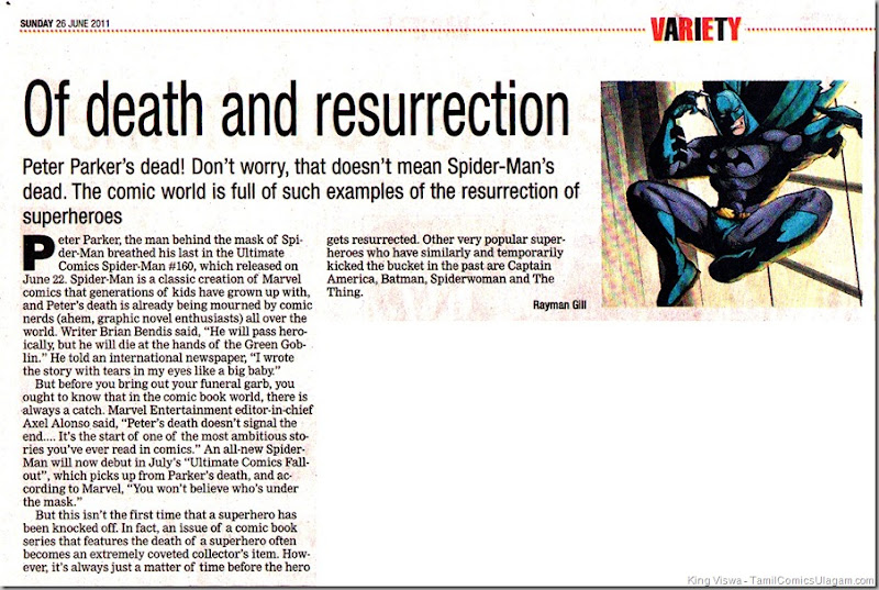 Times od India Chennai Edition Dated 26062011 Chennai Times Variety Section Resurecction of Super Heroes