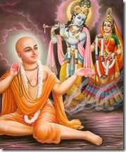 Lord Chaitanya worshiping Radha and Krishna