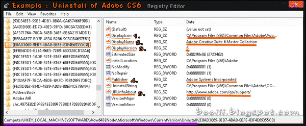to compare Uninstall or change a program(Adobe CS6 ) &  Root key in registry