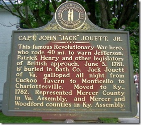 Capt. John "Jack" Jouett Jr. marker 1528 in Bath County, KY (Click any photo to enlarge)