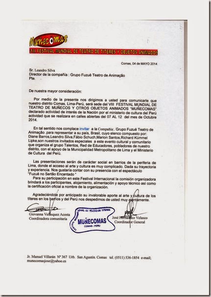Carta Convite Muñecomas 2014 . Fuzuê