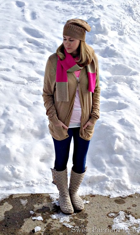 leggings, boyfriend cardigan, uggs, hat