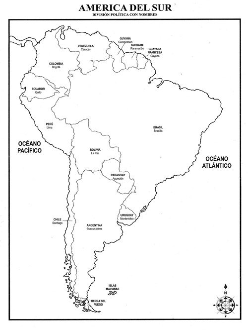 Mapa de América del Sur con división política con nombres