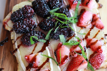 Grilled Blackberry, Strawberry, Basil and Brie Pizza Crisp with Honey Balsamic Glaze