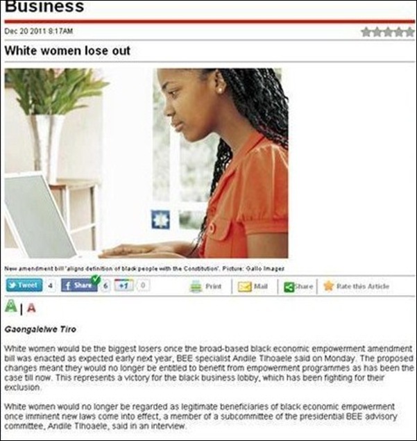 WHITE WOMEN LOSE OUT ARTICLE ANC PAPER NEW AGE CROWS VICTORY JAN62011