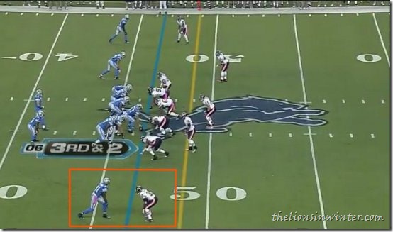 The Chicago Bears showing a deep cover one look against the Detroit Lions. Calvin Johnson is single covered. Brandon Meriweather is off frame to the right. Trust me.