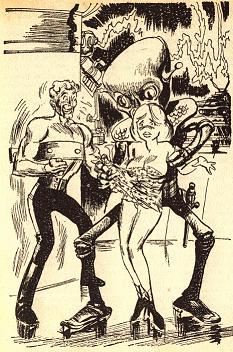 One of the illustrations by Summers accompany the short story Playboy and the Slime God by Isaac Asimov in Great Science Fiction from Amazing, #1. Image shows the alien coaxing the woman it has kidnapped into removing her cloths.