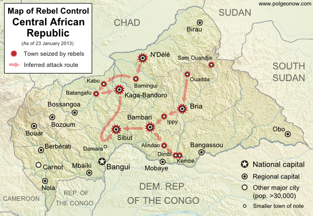 Click to enlarge Map of rebel control in the Central African Republic, updated for the reported occupation of Dimbi and Kembe towns after the January 2013 ceasefire