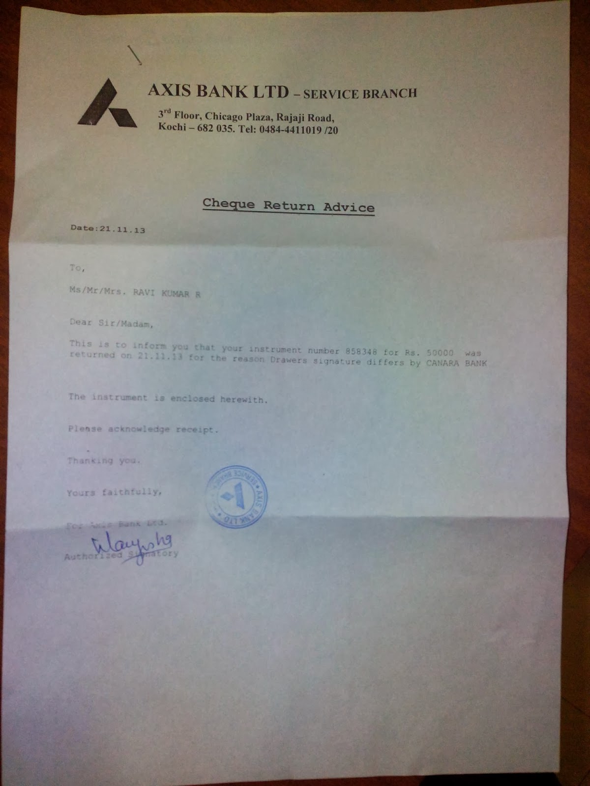 Ace Keralam: Cheque Return Letter from bank1200 x 1600