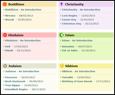 Holidays from the six major religions, including buddhism, christianity, hinduism, islam, judaism and sikhism 