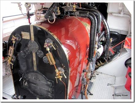Steam boiler of steam yacht "Gondola"  Burns enviromentally clean compressed fire logs.