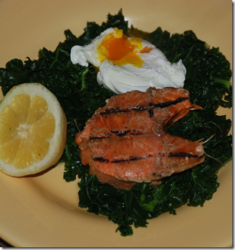 Home grown kale, home-smoked trout and an egg.