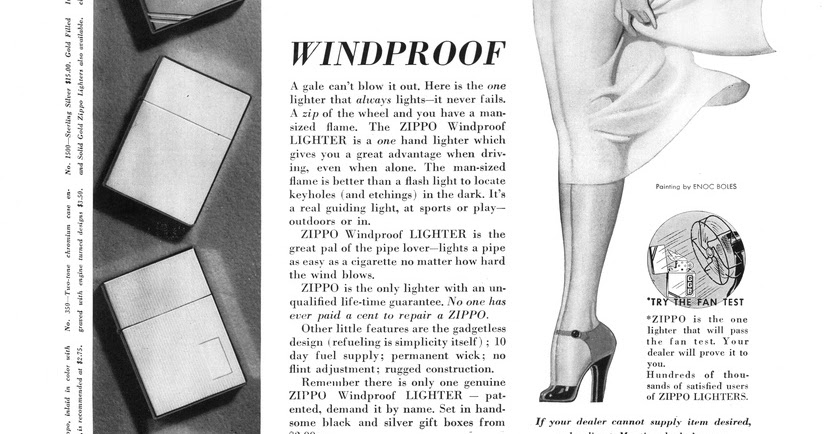 Table lighters collectors' guide: Advert: First Zippo Ad, Windy, Varga