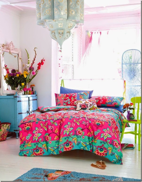 A colorful bohemian bedroom