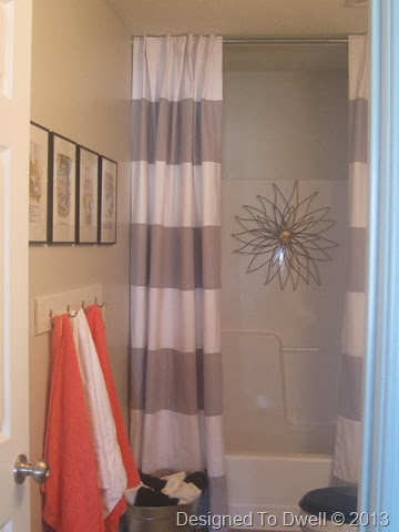 Gray Striped Shower Curtain/ Coral Towels