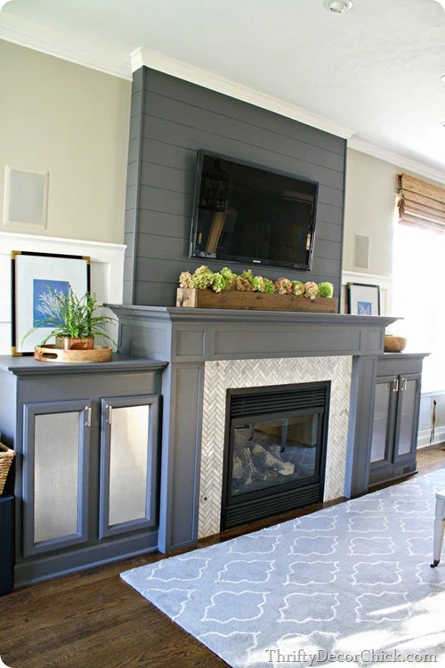 gray fireplace with built ins