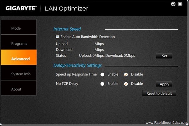 LAN Optimizer Advanced Menu