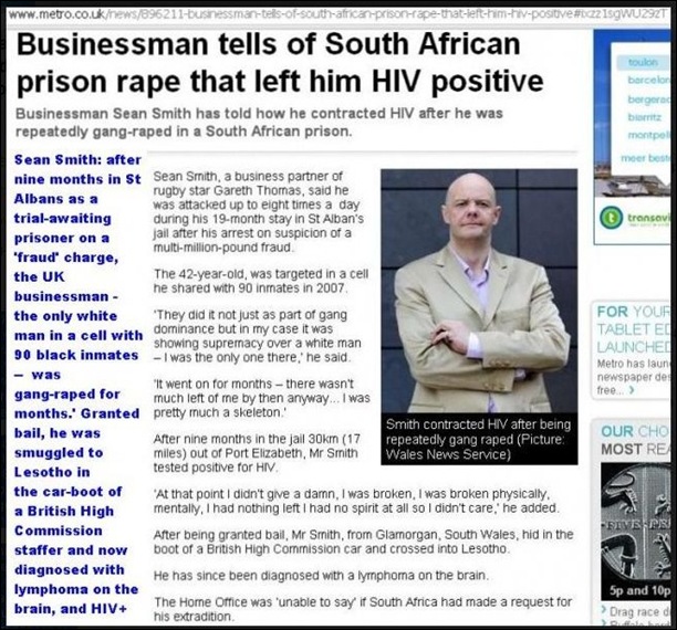 SMITH SEAN White UK businessman Sean Smith only WHITE man in cell with 90 blacks repeatedly gang raped in SA StAlbans prison now dying of AIDS