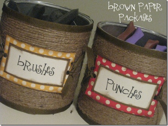 Aluminum food cans repurposed as storage and organization containers wrapped in jute with cute labels