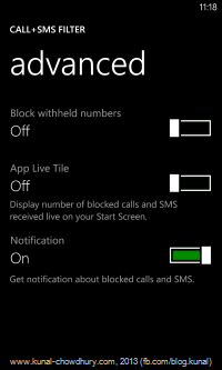 Advanced Call + SMS Filter settings page in Amber update