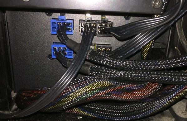 Picture of the modular cables connected to the back of the PSU