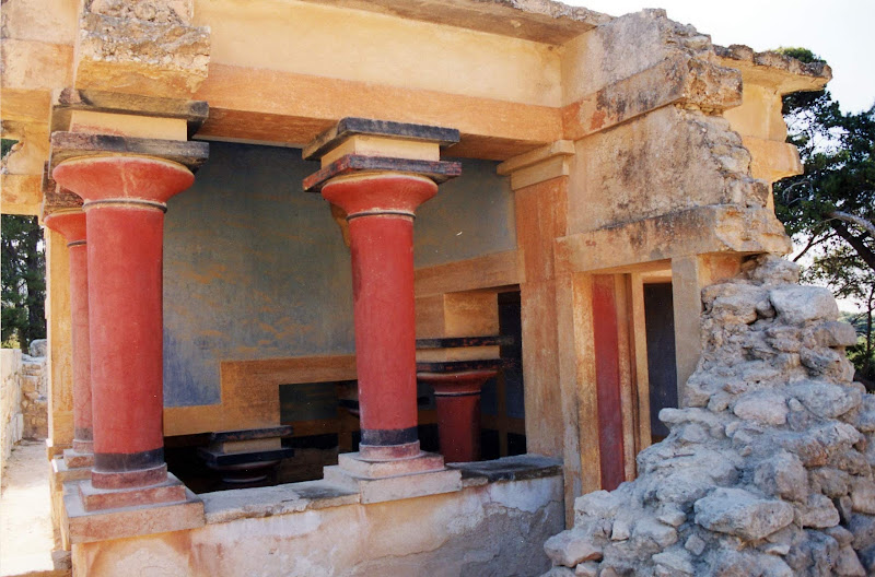 A building at the Palace of Knossos in Crete. The archaeological site dates to the Bronze Age and is considered Europe's oldest city.