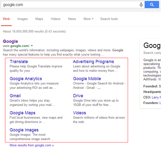 Google Organic Sitelinks in Search result