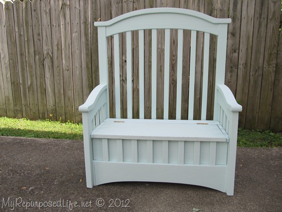 green toy box bench made from a crib