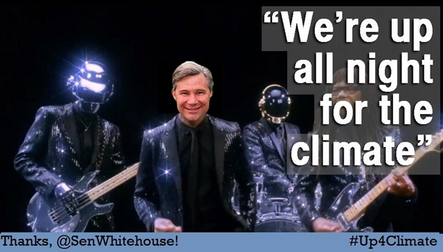 From the @NRDCYouth Twitter feed on 10 Mar 2014: @SenWhitehouse's going to be #Up4Climate all night! Thank him! #ActOnClimate. The Natural Resources Defense Council got in on the social media campaign, devising a crafty meme comparing the all-night session and Whitehouse to Daft Punk. Photo: NRDC Youth