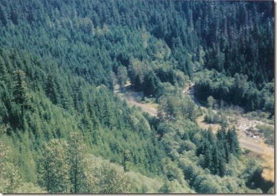 View from Windy Point on the Iron Goat Trail of BNSF Freight Train emerging from Cascade Tunnel in 1998