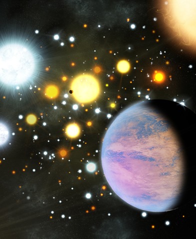 ilustração de um aglomerado estelar com exoplanetas