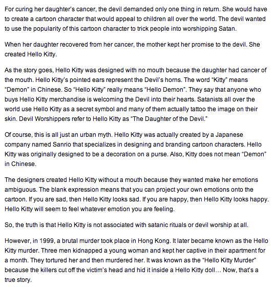 Panphobia Urban legend about Hello Kitty